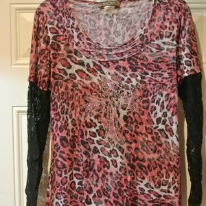 Ladies large, pink/black cheetah shirt w/rhinestone cross and black lace sleeves